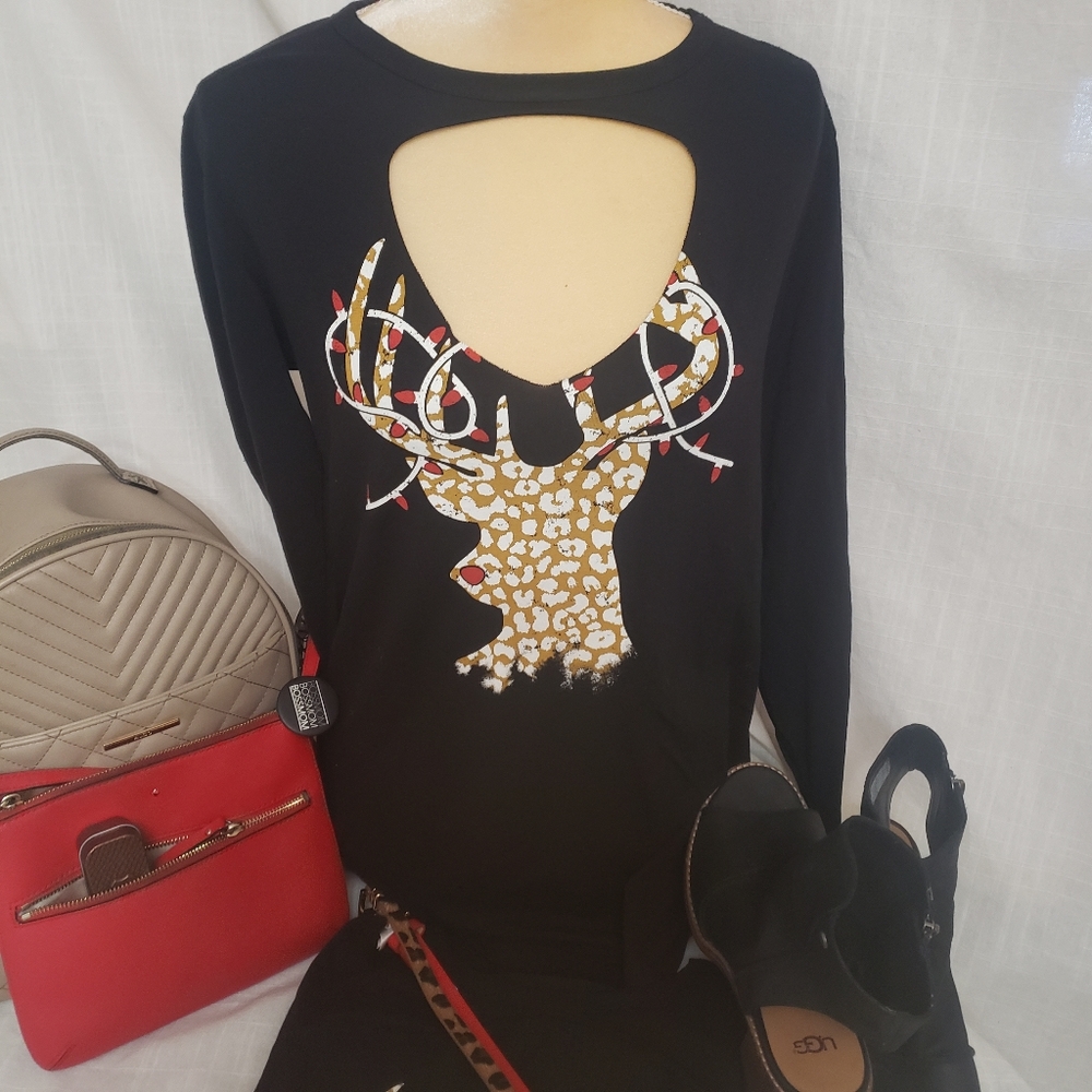 Festive Leopard print Reindeer Graphic Cutout top Size 1XL Black Tan New